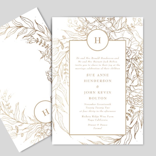 Elegant Classic Gold Foil Monogram Wreath Wedding Invitation (Creator Uploaded)