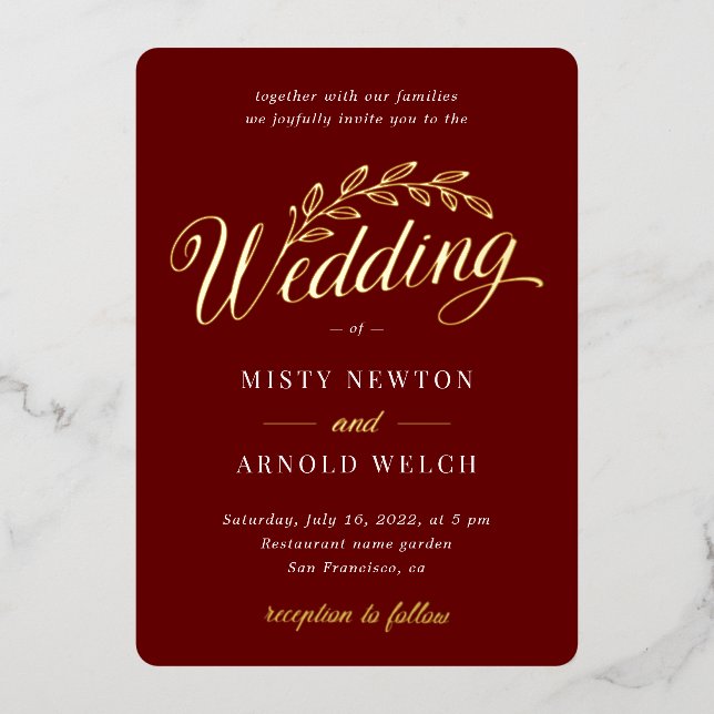 Elegant Classic  Gold Foil Red Burgundy Rustic Foil Invitation (Front)