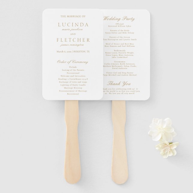 Elegant Classic Gold Formal Wedding Program Hand Fan (Front and Back)