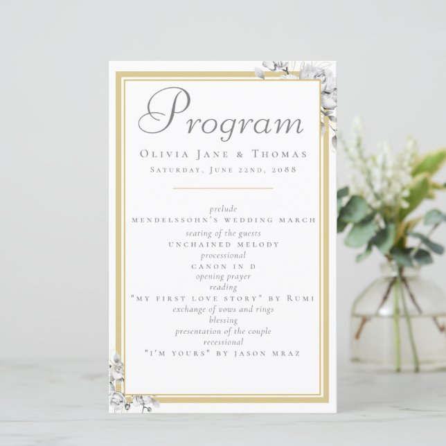 Elegant Classic Gold Frame Floral Wedding Program (Standing Front)