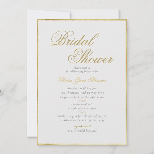 Elegant Classic Gold Frame Ivory Bridal Shower Invitation