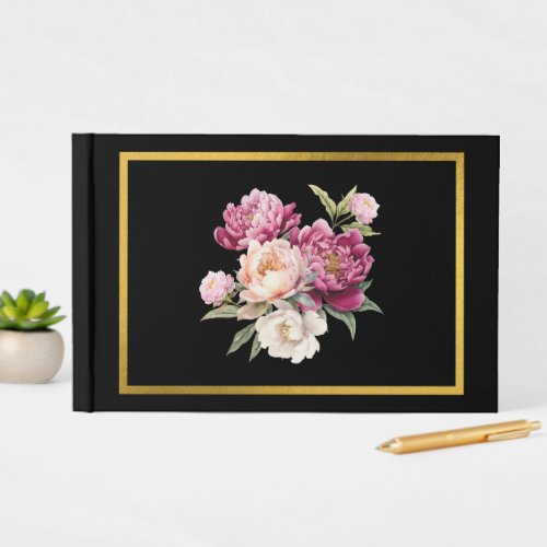 Elegant Classic Gold Frame Peony Guestbook 