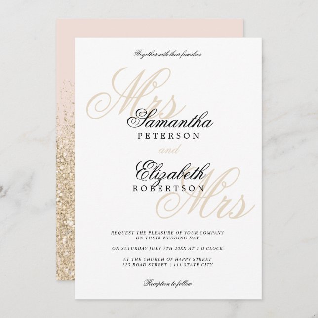 Elegant classic gold glitter lesbian wedding invitation (Front/Back)