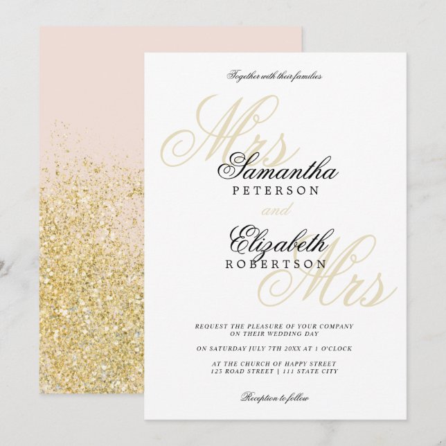 Elegant classic gold glitter lesbian wedding invitation (Front/Back)