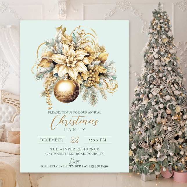 Elegant classic gold green mint luxury Christmas Invitation (Gold luxury elegant Christmas party invitation)