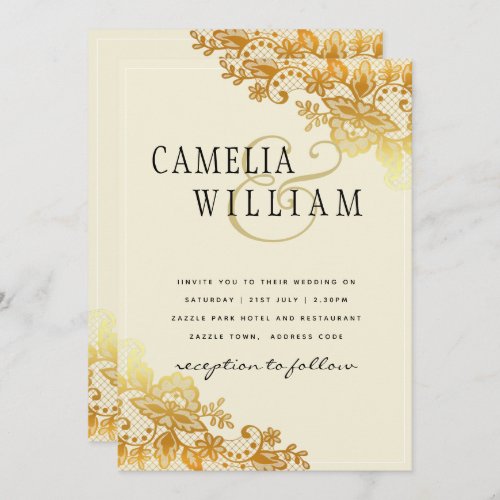 Elegant Classic Gold Lace Ampersand Wedding Invite