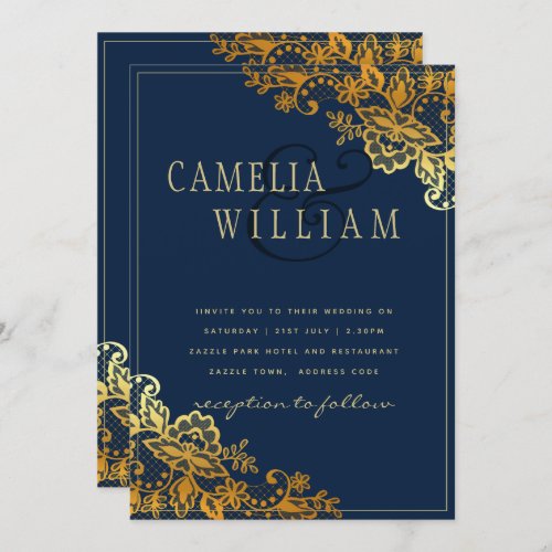 Elegant Classic Gold Lace Blue Wedding Invite