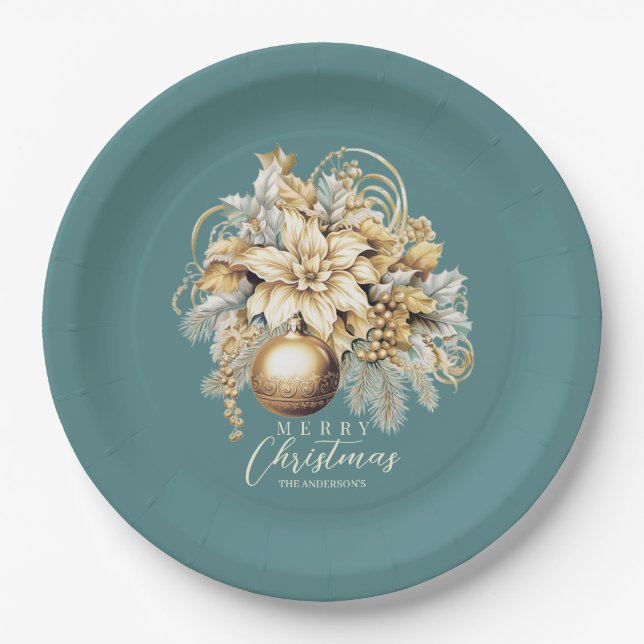 Elegant classic gold mint luxury Christmas bouquet Paper Plates (Front)