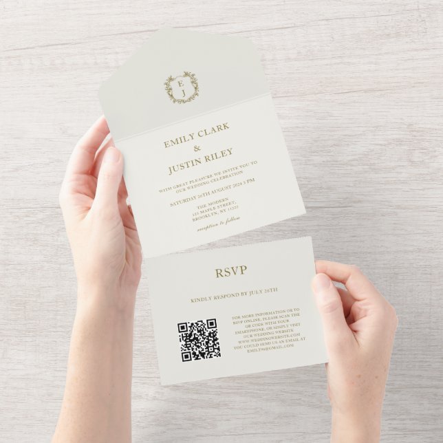 Elegant Classic Gold Monogram QR Code Wedding All In One Invitation (Tearaway)