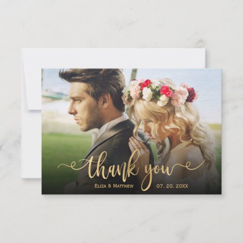 Elegant Classic Gold Script Photo Overlay Wedding  Thank You Card