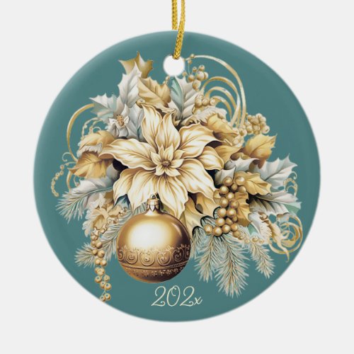 Elegant classic gold teal luxury Christmas bouquet Ceramic Ornament