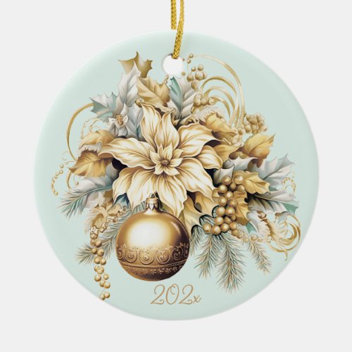 Elegant classic gold teal luxury Christmas bouquet Ceramic Ornament