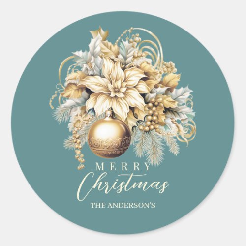 Elegant classic gold teal luxury Christmas bouquet Classic Round Sticker