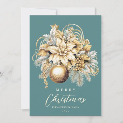 Elegant classic gold teal luxury Christmas bouquet Holiday Card
