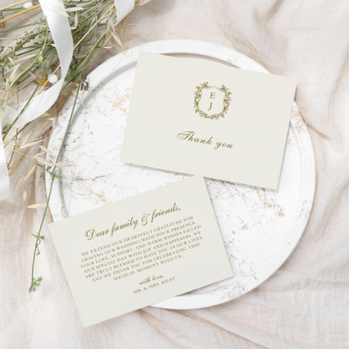 Elegant Classic Golden Crest Monogram Wedding Thank You Card