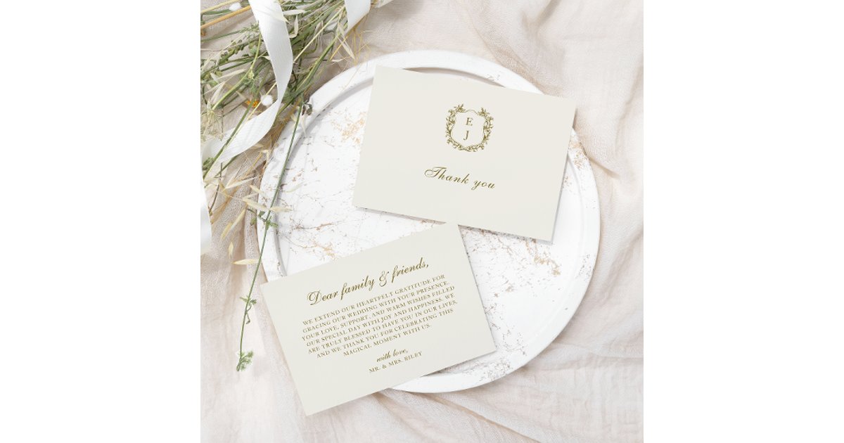 Elegant Classic Golden Crest Monogram Wedding Thank You Card | Zazzle