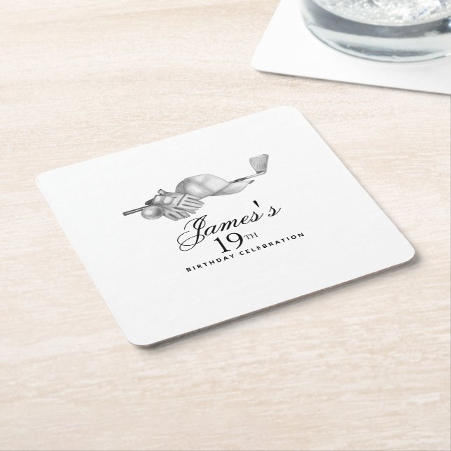 Elegant Classic Golf 19th Birthday Party Custom Square Paper Coaster (Angled)