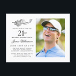 Elegant Classic Golf 21st Birthday Party Photo Invitation Postcard<br><div class="desc">Elegant black and white birthday invitation for a golfer. The top of the invitation is decorated with golf accessories - a golf club, golf ball, hat and gloves. The watercolor design creates a traditional and classic aesthetic. Perfect for a birthday bash at the club or a backyard BBQ. All of...</div>