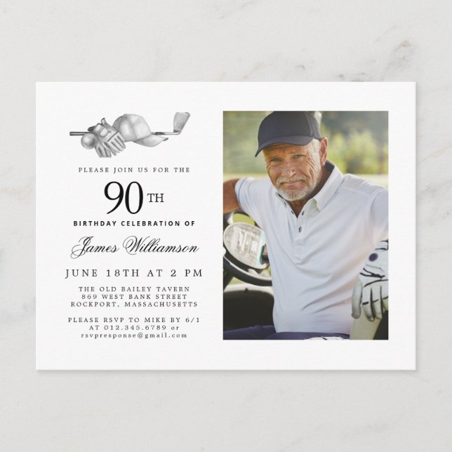 Elegant Classic Golf 90th Birthday Party Photo Invitation Postcard (Front)