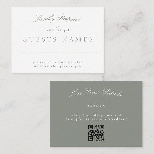 Elegant Classic Gray Green Wedding QR CODE RSVP Note Card (Front/Back)