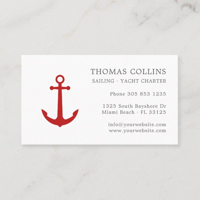 Elegant Classic Gray & Red Nautical Anchor Logo Business Card (Front)