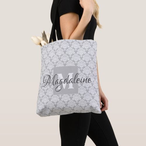 Elegant Classic Gray  Whit Damask Monogram  Name Tote Bag