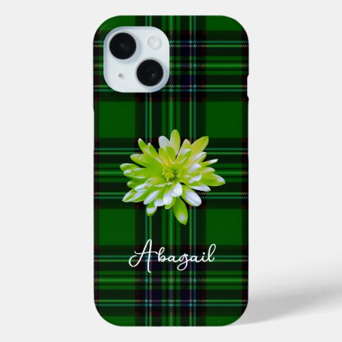 Elegant classic Green Black Plaid floral iPhone 15 Case