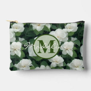 Elegant classic green botanical white floral accessory pouch