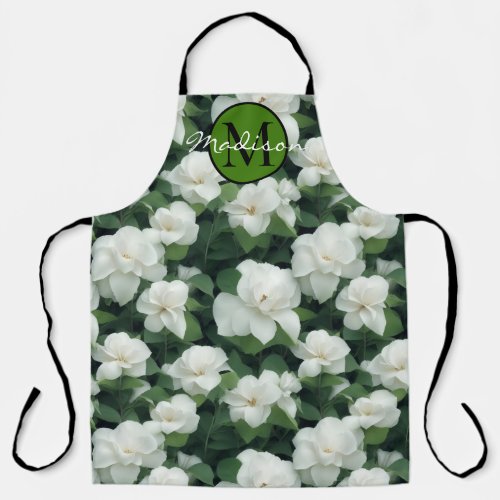 Elegant classic green botanical white floral apron