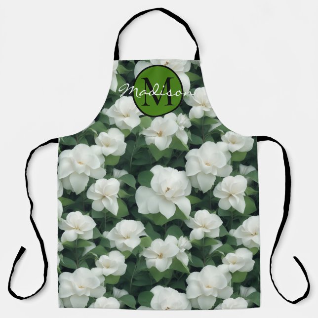Elegant classic green botanical white floral apron (Front)