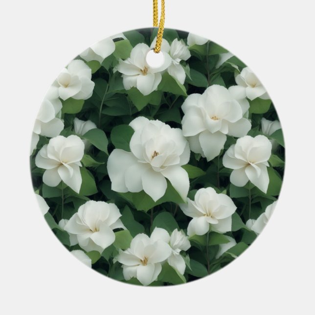 Elegant classic green botanical white floral ceramic ornament (Front)