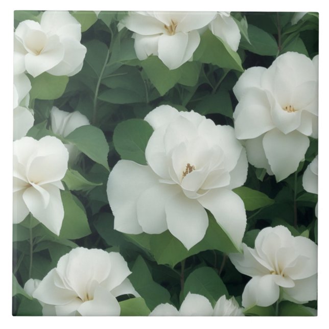 Elegant classic green botanical white floral ceramic tile (Front)