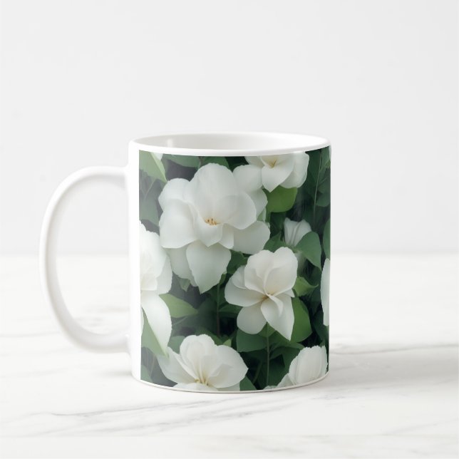 Elegant classic green botanical white floral coffee mug (Left)