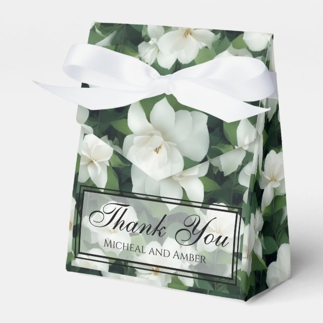 Elegant classic green botanical white floral favor boxes (Front Side)