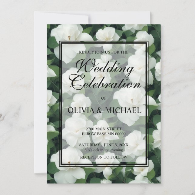 Elegant classic green botanical white floral invitation (Front)