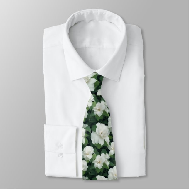 Elegant classic green botanical white floral neck tie (Tied)