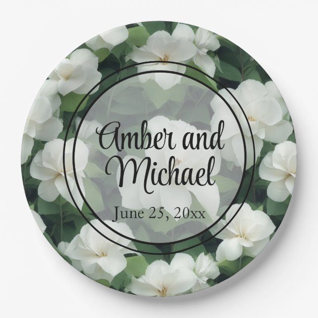 Elegant classic green botanical white floral paper plates (Front)