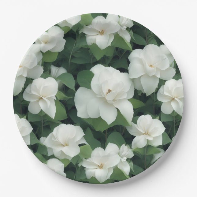 Elegant classic green botanical white floral paper plates (Front)