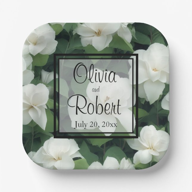 Elegant classic green botanical white floral paper plates (Front)