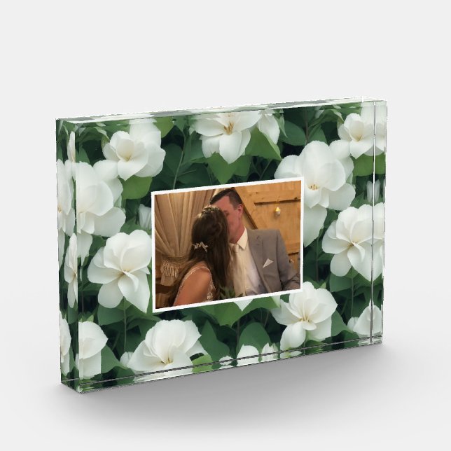 Elegant classic green botanical white floral photo block (Left)