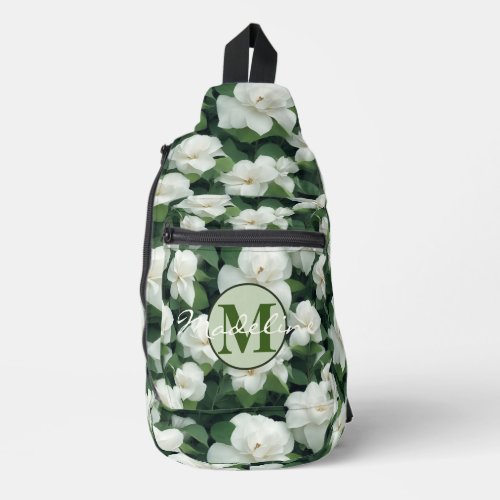 Elegant classic green botanical white floral sling bag