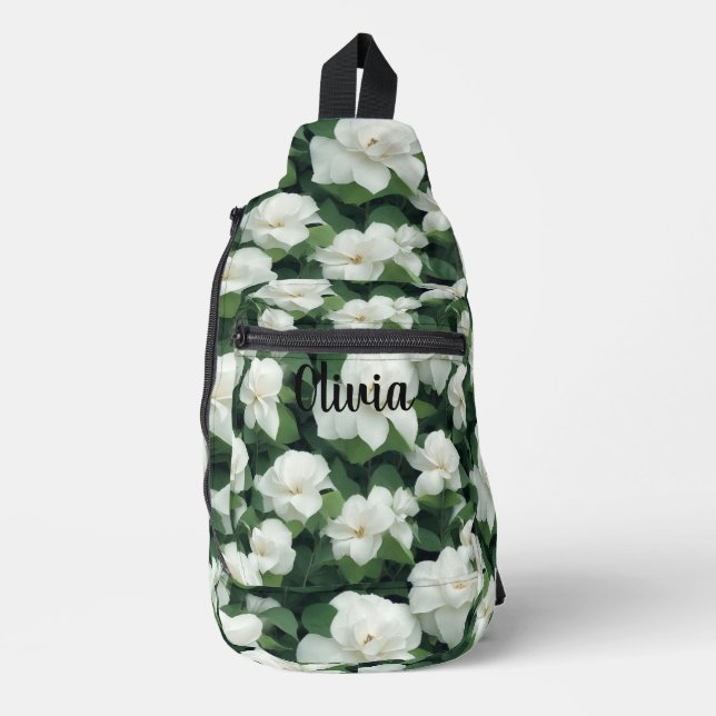 Elegant classic green botanical white floral sling bag (Front)