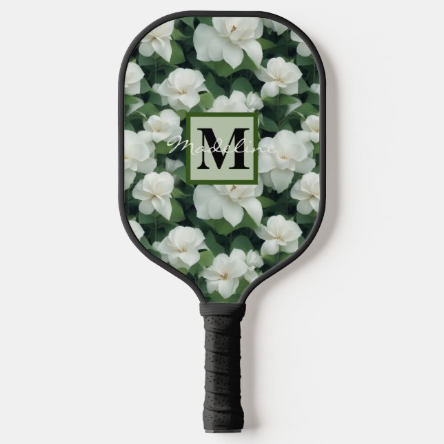 Elegant classic green botanical white floral water pickleball paddle (Front)