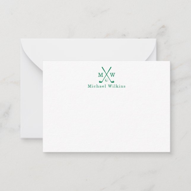 Elegant Classic Green Crossed Clubs Golf Monogram Note Card (Front)