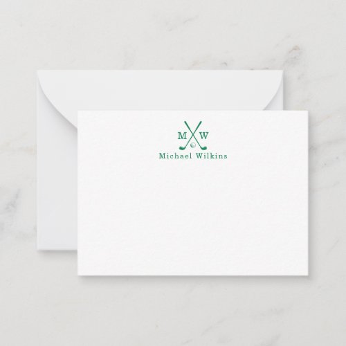 Elegant Classic Green Crossed Clubs Golf Monogram Note Card