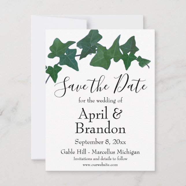 Elegant classic Green English Ivy script  Save The Date (Front)