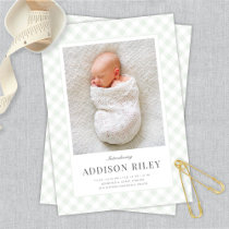 Elegant Classic Green Gingham Gender Neutral Birth Announcement