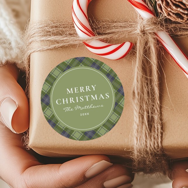 Elegant Classic Green Plaid Merry Christmas  Round Sticker (Creator Uploaded)