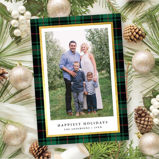 Elegant Classic Green Tartan Gold Frame Photo Holiday Card (Creator Uploaded)