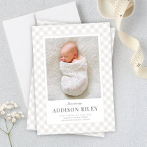 Elegant Classic Grey Gingham Gender Neutral Birth Announcement